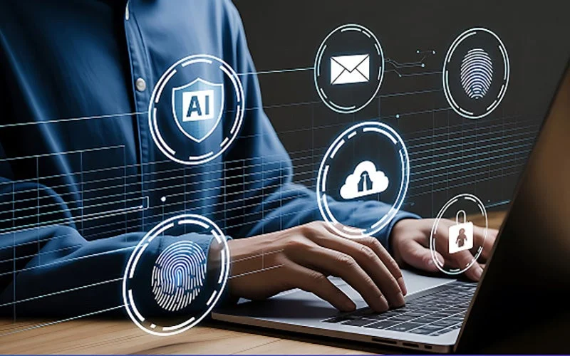 AIセキュリティ、クラウド、生体認証、データ保護といったデジタルアイコン