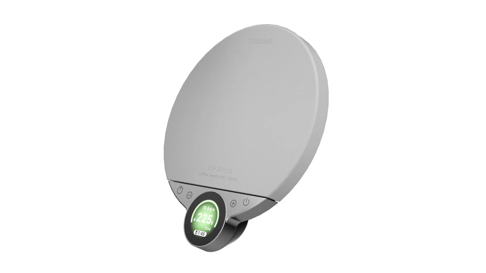 EPEIOS Cochardブランドのデジタルコーヒースケールが写っています。流量、重さ、タイマーを表示するディスプレイを備えた、モダンなデザインの製品です。