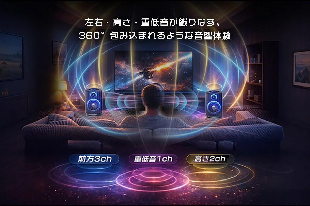 左右・高さ・重低音が織りなす、360° 包み込まれるような音響体験 前方3ch 重低音1ch 高さ2ch