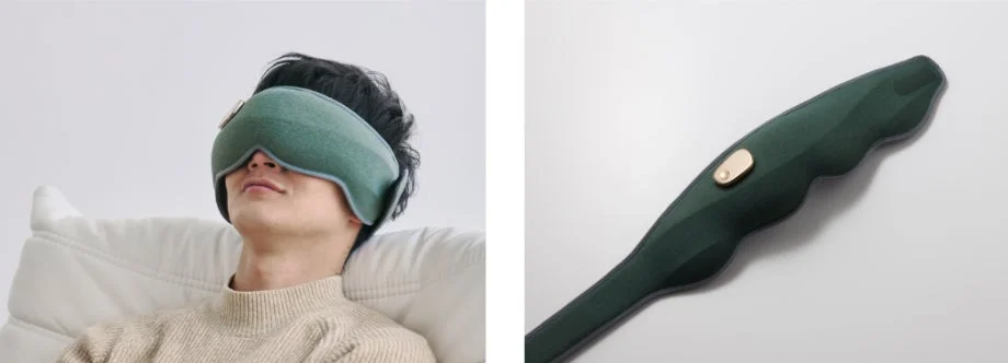 アイマスクを装着しリラックスしている男性と製品