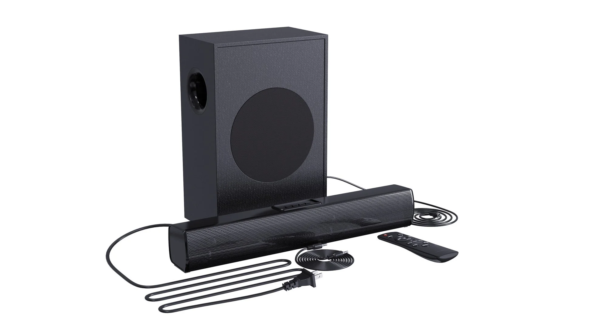 サウンドバー、サブウーファー、リモコン、ケーブルのセット