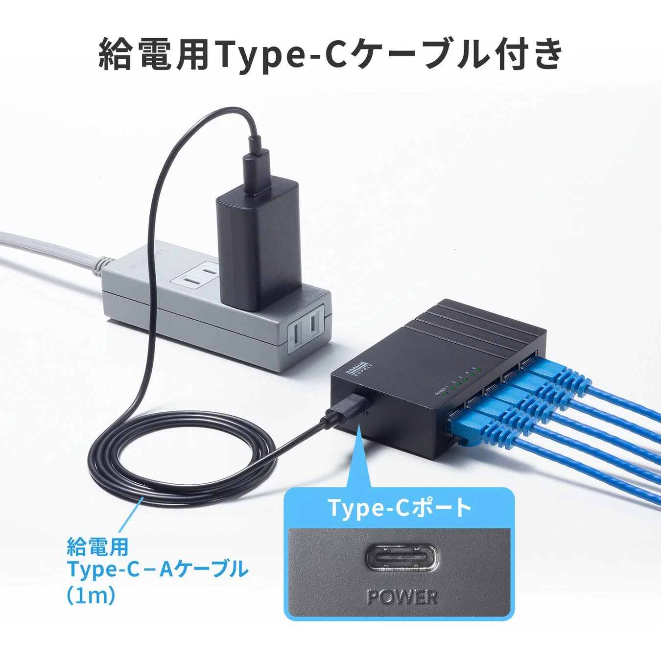 Type-Cケーブルで給電されるネットワークハブの接続例
