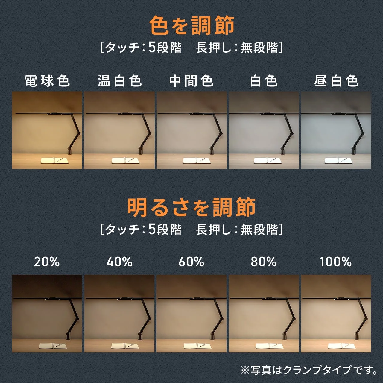 デスクライトの色と明るさ調整