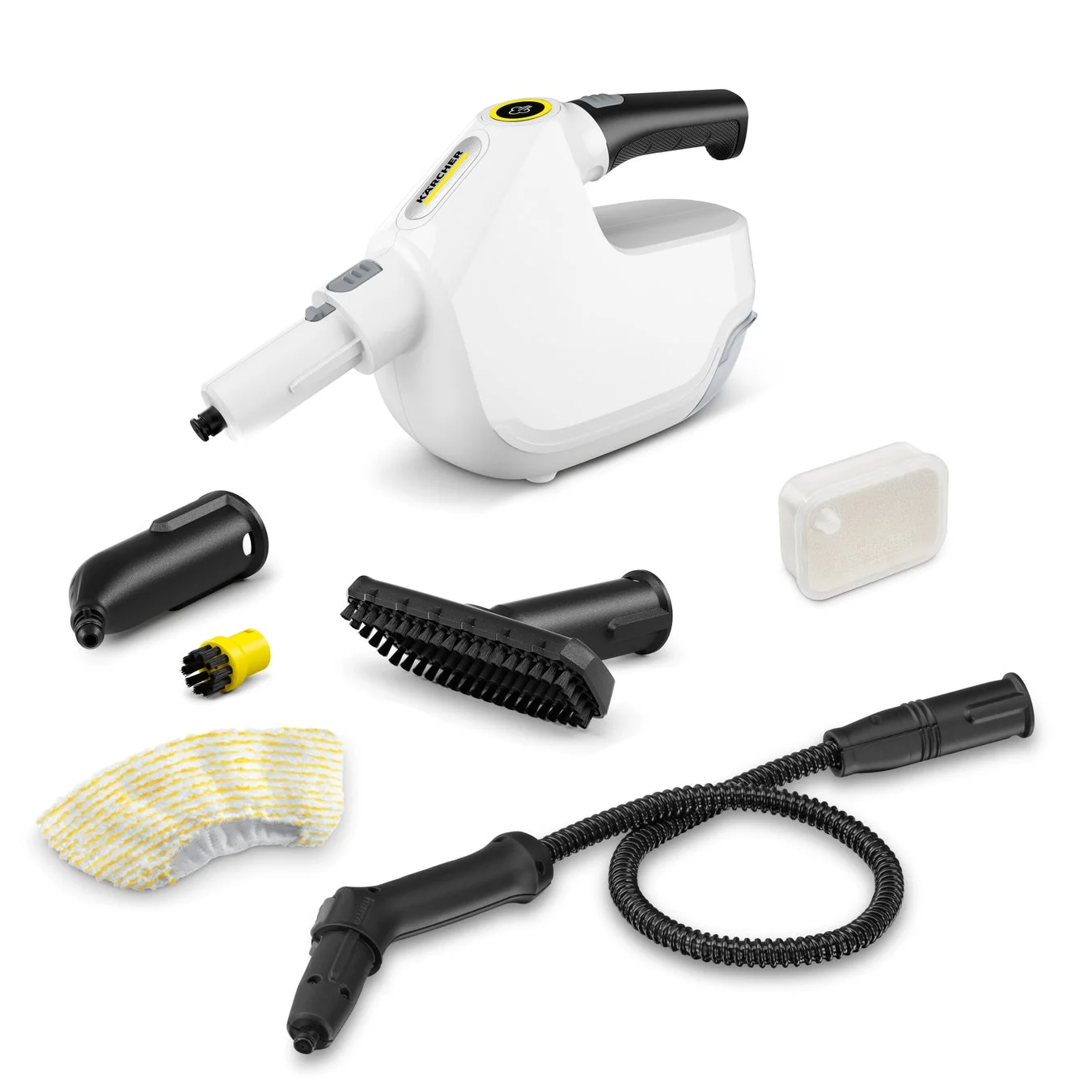 ケルヒャー製の白いハンディスチームクリーナー本体と、複数の清掃用アタッチメントが白い背景に並べられた商品画像です。ノズル、ブラシ、ホース、マイクロファイバークロス、フィルターなど、多様な清掃シーンに対応する付属品が含まれています。