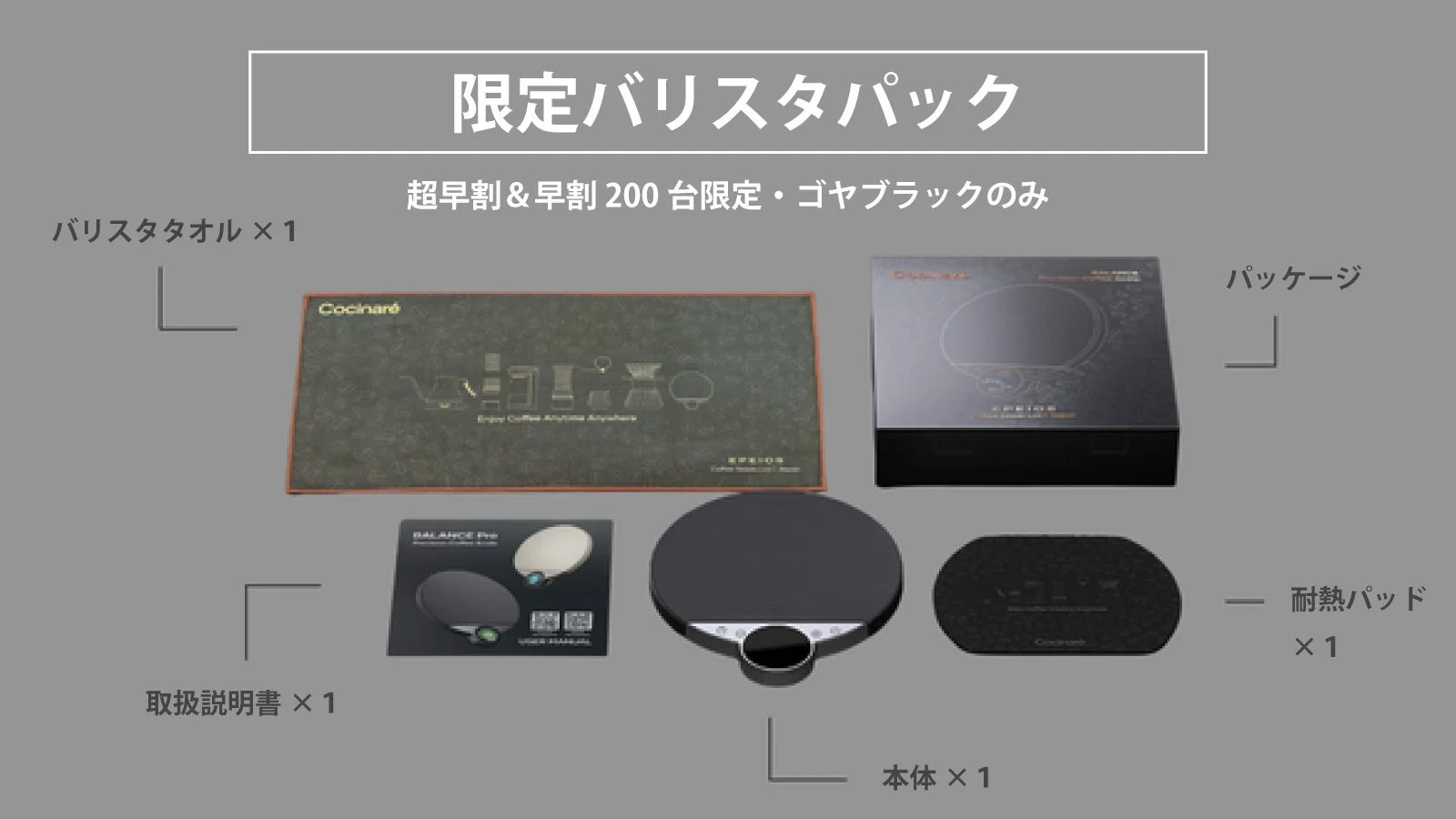 限定バリスタパックの内容物を示す画像で、コーヒーメーカー本体、バリスタタオル、取扱説明書、耐熱パッド、パッケージが含まれています。