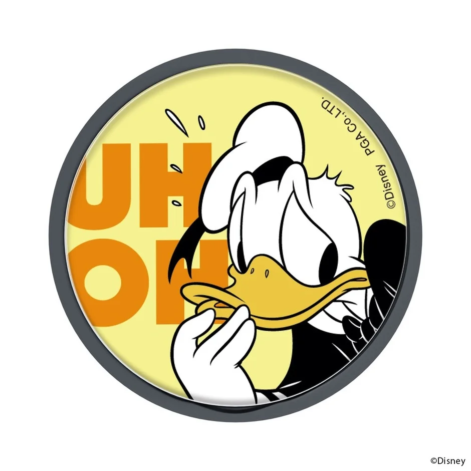 ドナルドダックが困ったような表情で汗をかいている様子を描いた円形のデザインです。背景には「UH OH」の文字があり、失敗や焦りの感情を表しています。