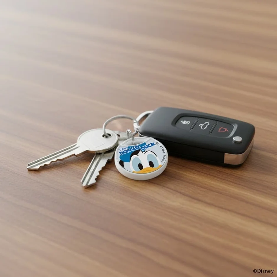 ドナルドダックの紛失防止タグが鍵に付いている様子