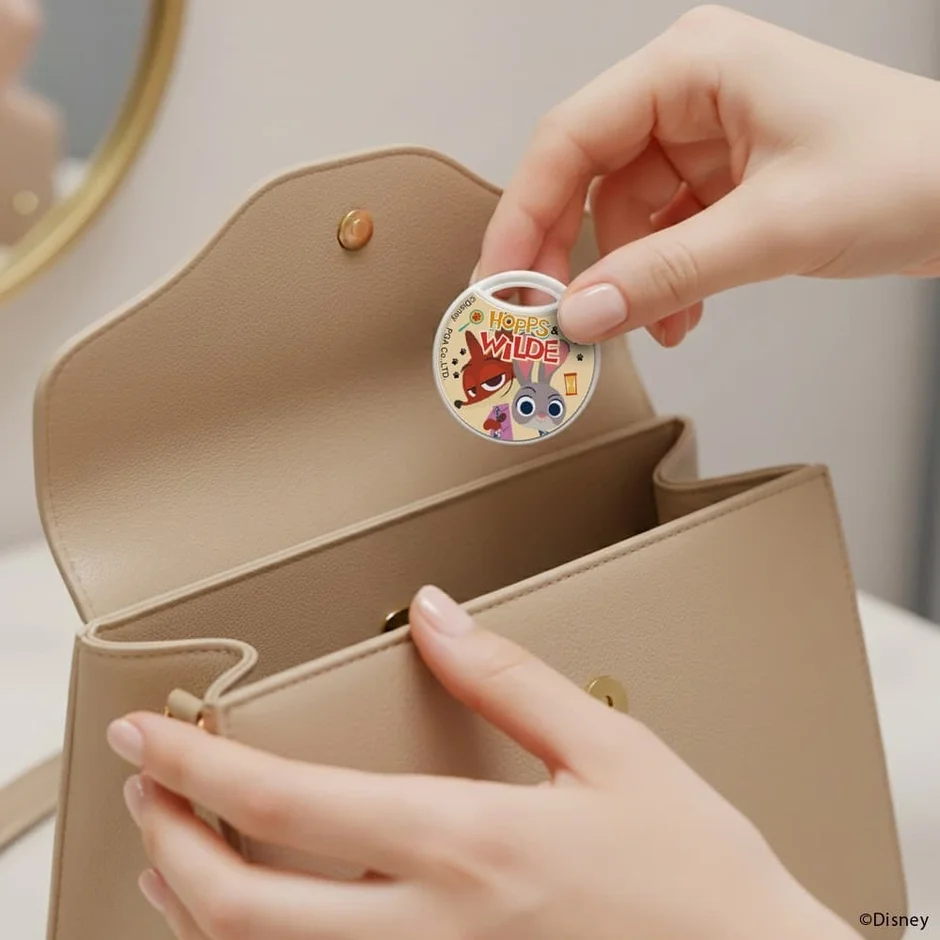 ズートピアの紛失防止タグをバッグに入れる様子