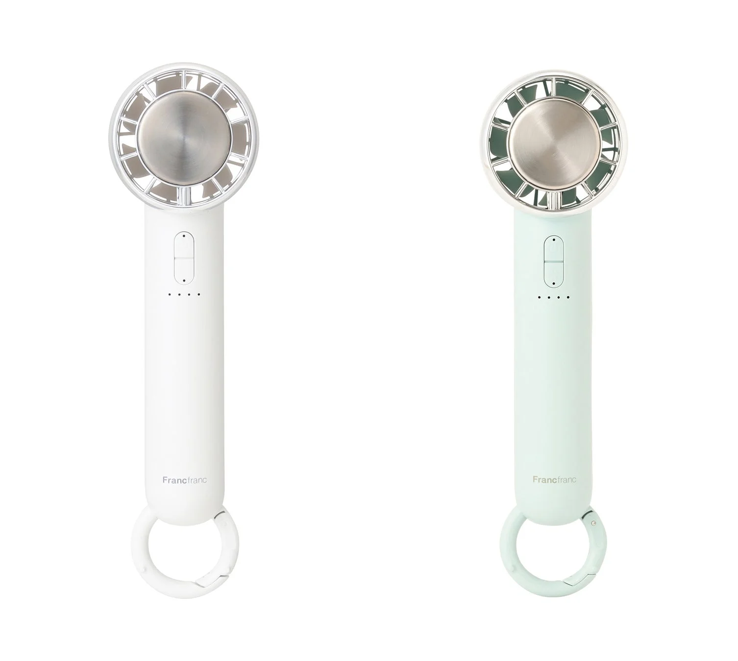 白とミントグリーンの2色のFrancfranc製ハンディファンが写っています