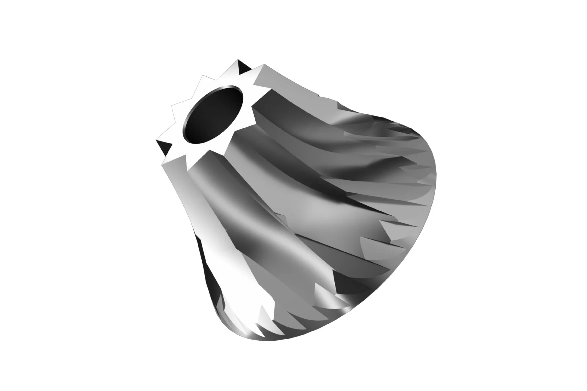 白い背景に、螺旋状の溝と鋭い刃先を持つ金属製の切削工具または複雑な機械部品の3Dモデル