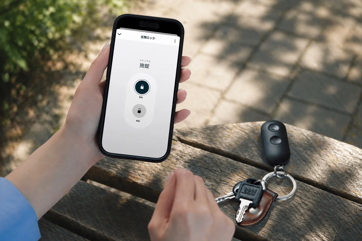 スマートフォンでスマートロックアプリを操作している手と、木製の台に置かれた物理的な鍵やリモコンキーが写っています。デジタルと物理的な鍵を併用する様子を示しています。
