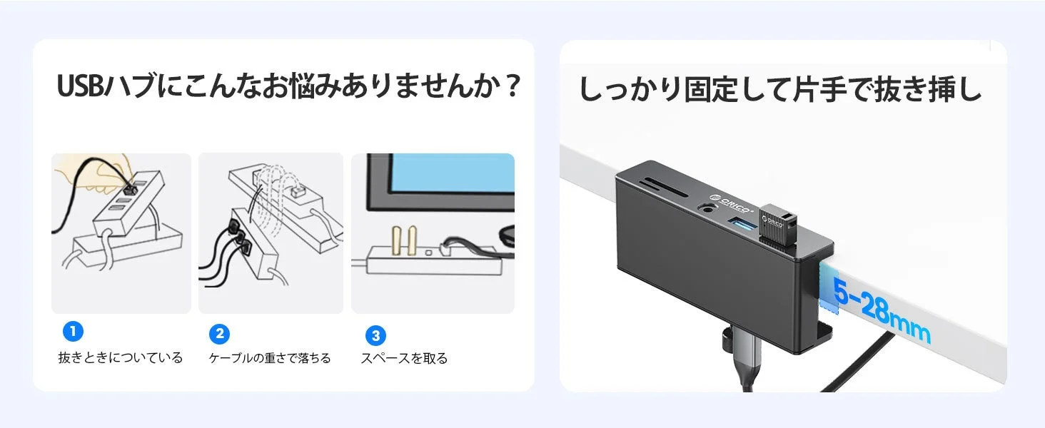 クランプで固定されたUSBハブ