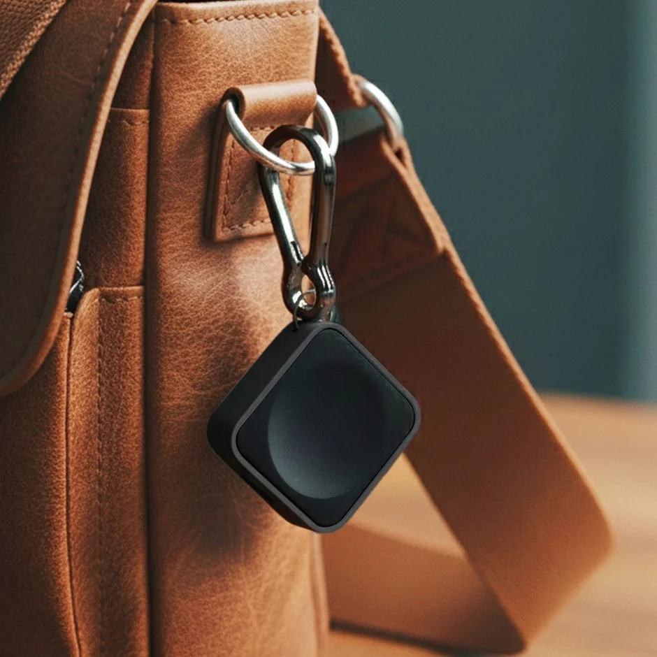 黒い四角いデバイスがカラビナクリップで茶色の革製バッグに吊り下げられています。おそらくポータブル充電器かトラッカーだと思われます。