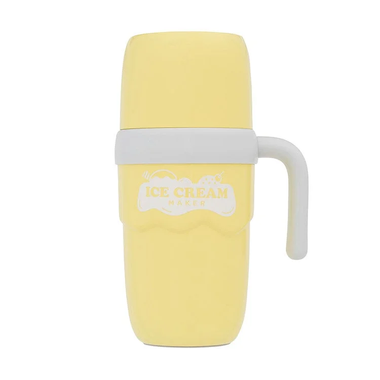 黄色のボディに白いハンドルが付いたアイスクリームメーカーのカップ