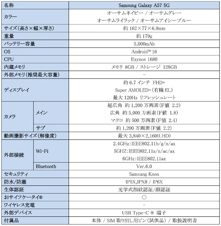 Samsung Galaxy A57 5G 主要仕様