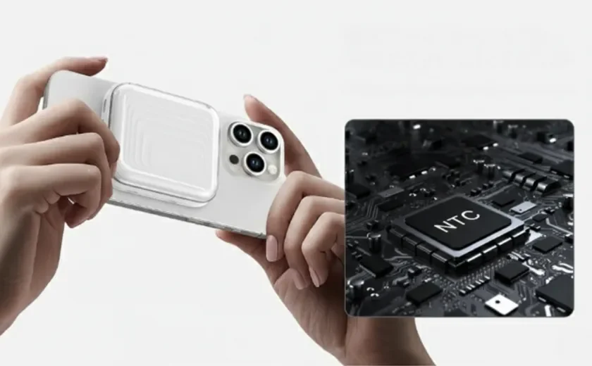 スマートフォンにマグネット式のアクセサリーが装着されており、隣にはNTCチップを搭載した回路基板が描かれています