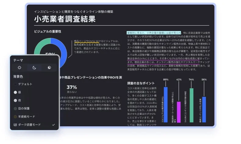 小売業者の調査結果を示すプレゼンテーションスライドと目の保護設定UI