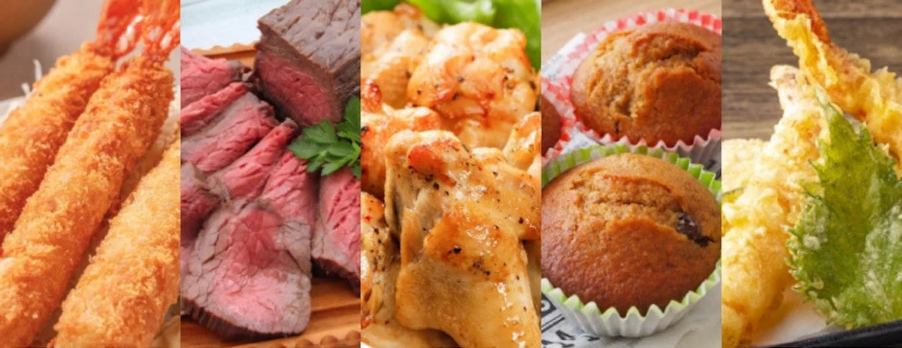 様々な種類の料理が並べられたコラージュ画像です。エビフライ、ローストビーフ、チキン料理、マフィン、天ぷらが含まれ、食欲をそそるバラエティ豊かな食べ物の集合体です。