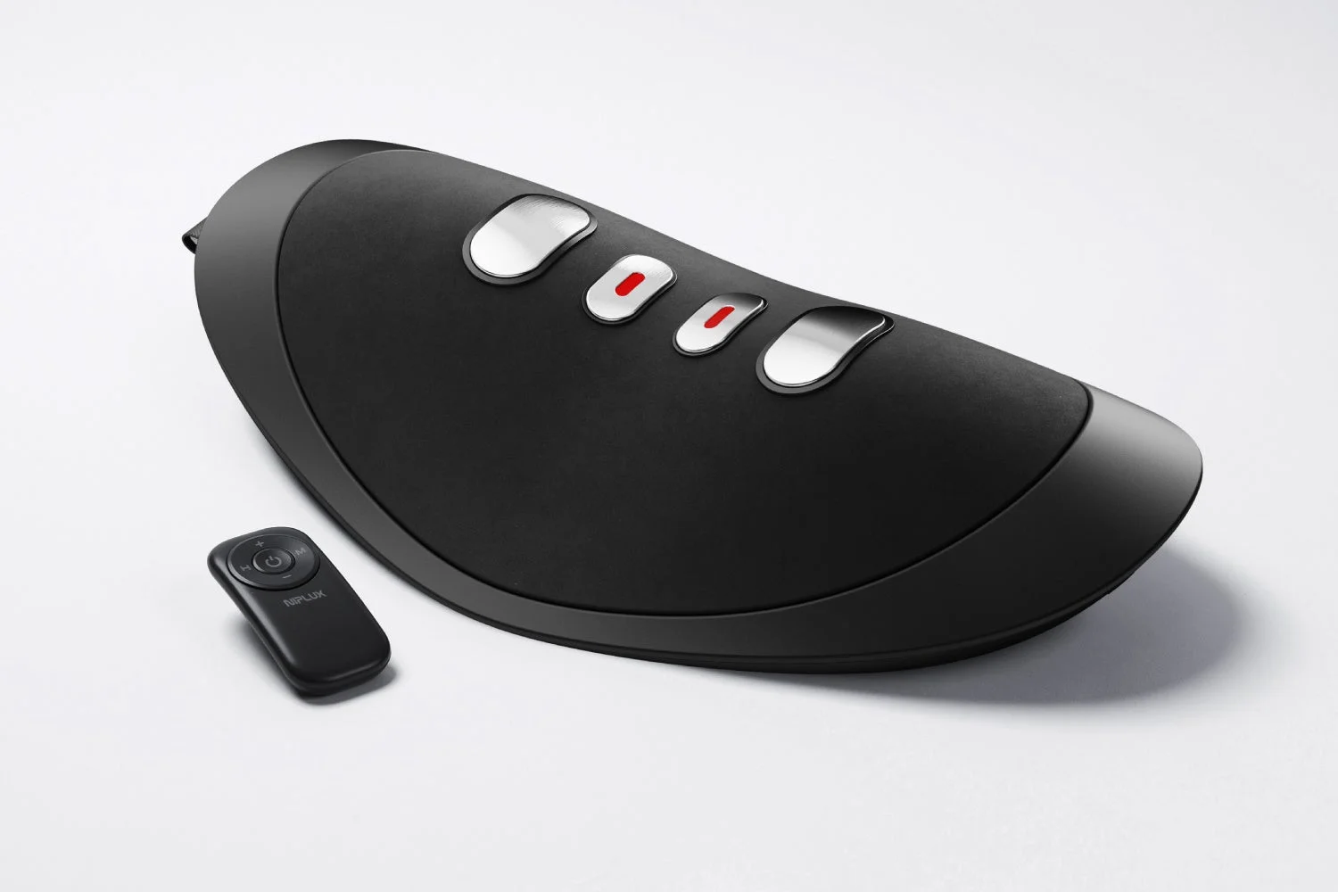 黒く流線型の本体と、銀色と赤色のボタンが特徴的な電子機器