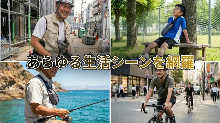 建設現場で働く男性、公園で休憩する少年、海で釣りをする高齢者、街中でサイクリングを楽しむ男性と、様々な年代や活動の人が同じバッグを身につけている様子が描かれています。中央のテキストは「あらゆる生活シーンを網羅」とあり、このバッグが多様な場面で使えることを示唆しています。