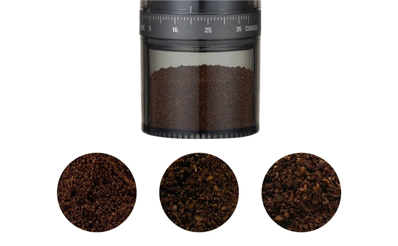 挽かれたコーヒー粉と粒度表示