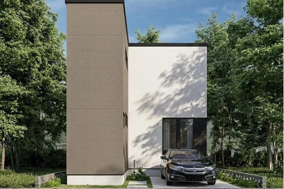 豊かな緑に囲まれたモダンなデザインの一戸建て住宅