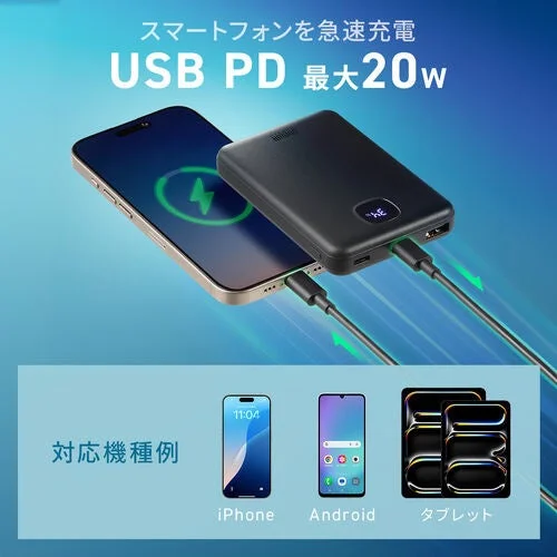 スマートフォンをUSB PD最大20Wで急速充電できるモバイルバッテリーの広告