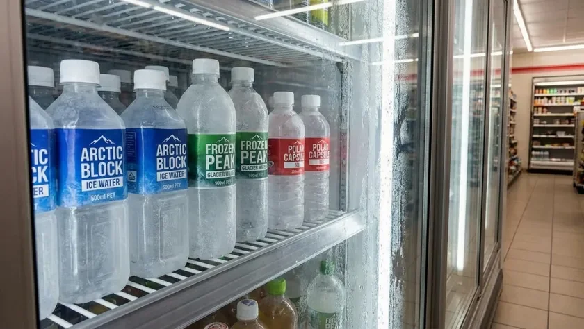 コンビニエンスストアの冷蔵ケースに、ARCTIC BLOCKやFROZEN PEAKなどのブランドの凍ったペットボトル飲料が多数陳列されている様子。冷気が伝わるガラスドアが特徴的です。