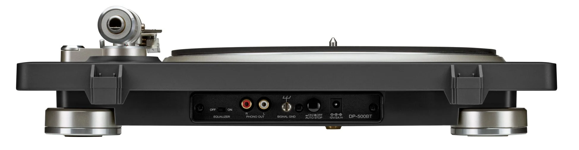 黒とシルバーのモダンなデザインのターンテーブルの背面