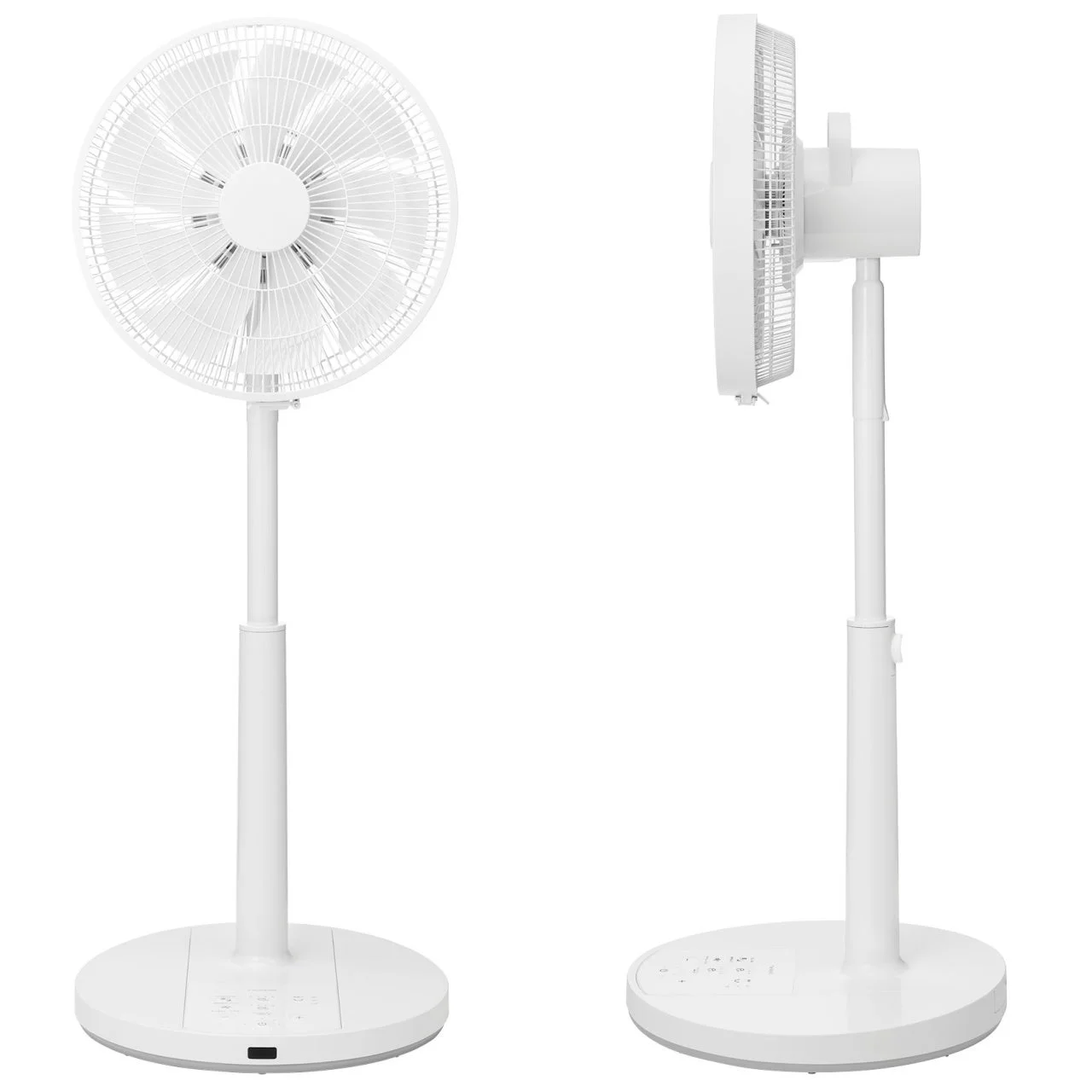 白いスタンド型扇風機が正面と側面から写されており、清潔感のあるミニマルなデザインが特徴です。
