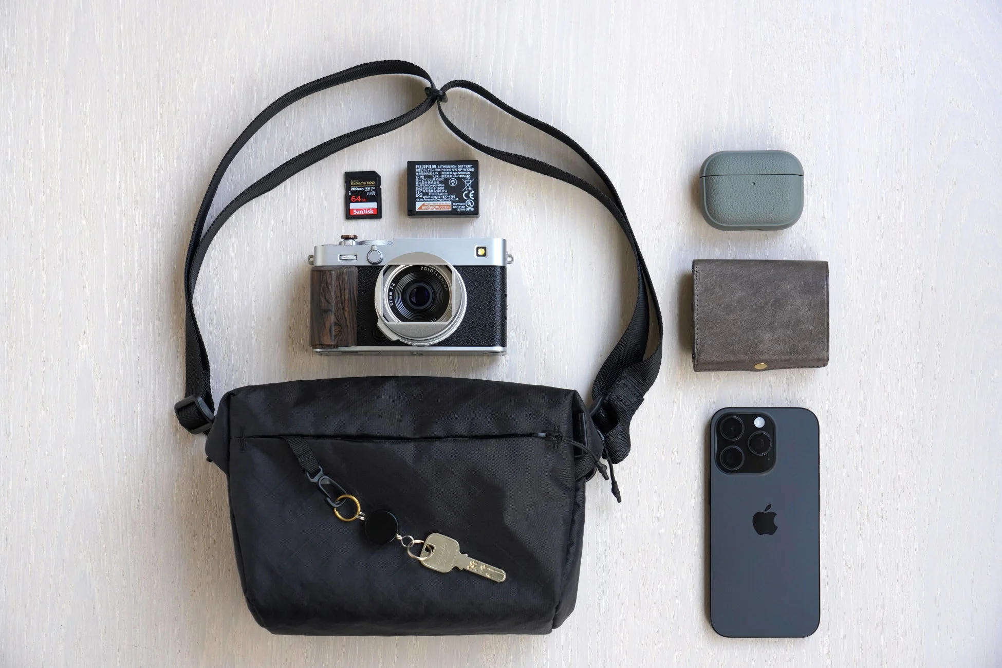 黒いショルダーバッグの周りに日常の必需品が並べられている様子