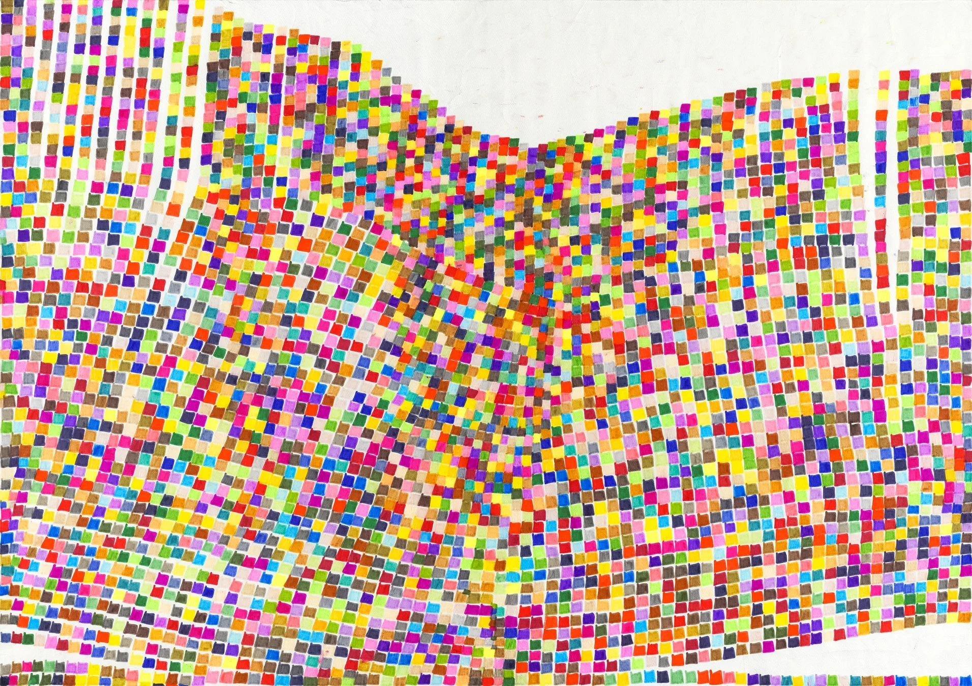 多数の小さなカラフルな四角形が描かれた抽象画です。