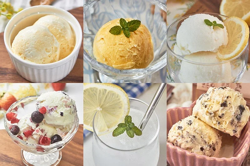 様々な種類のアイスクリームやシャーベットのコラージュ
