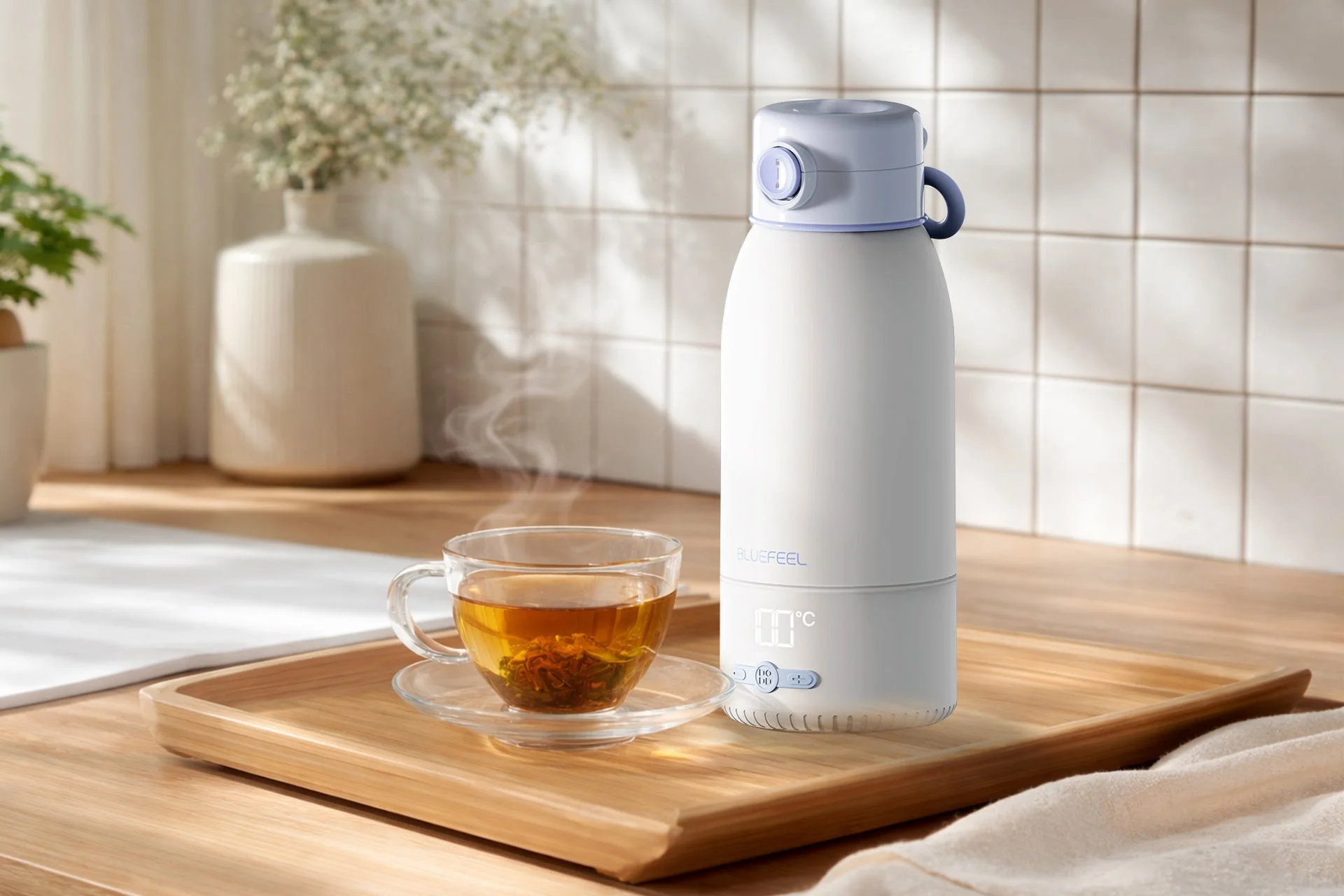 白いポータブル電気ケトルと温かいお茶