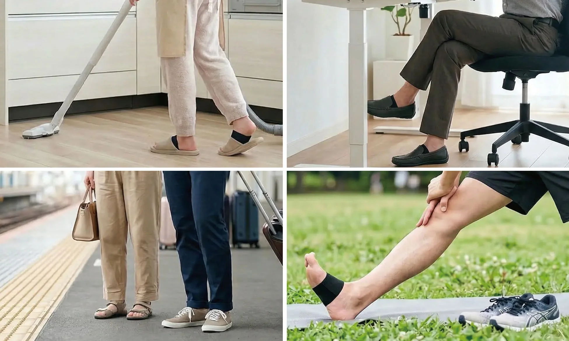 日常風景、足元、フットケア、ライフスタイル、室内活動、屋外活動、掃除、仕事、旅行、運動、靴、サンダル、スリッパ、スニーカー