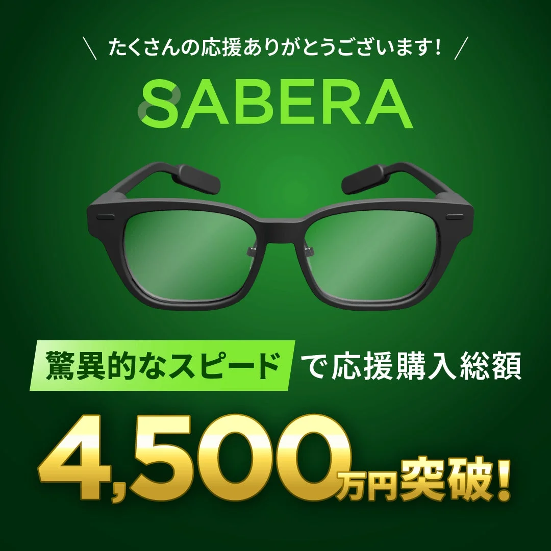 ARグラス「SABERA」がMakuake先行販売で絶好調スタート！開始8時間で4,500万円突破、購入者650名超え
