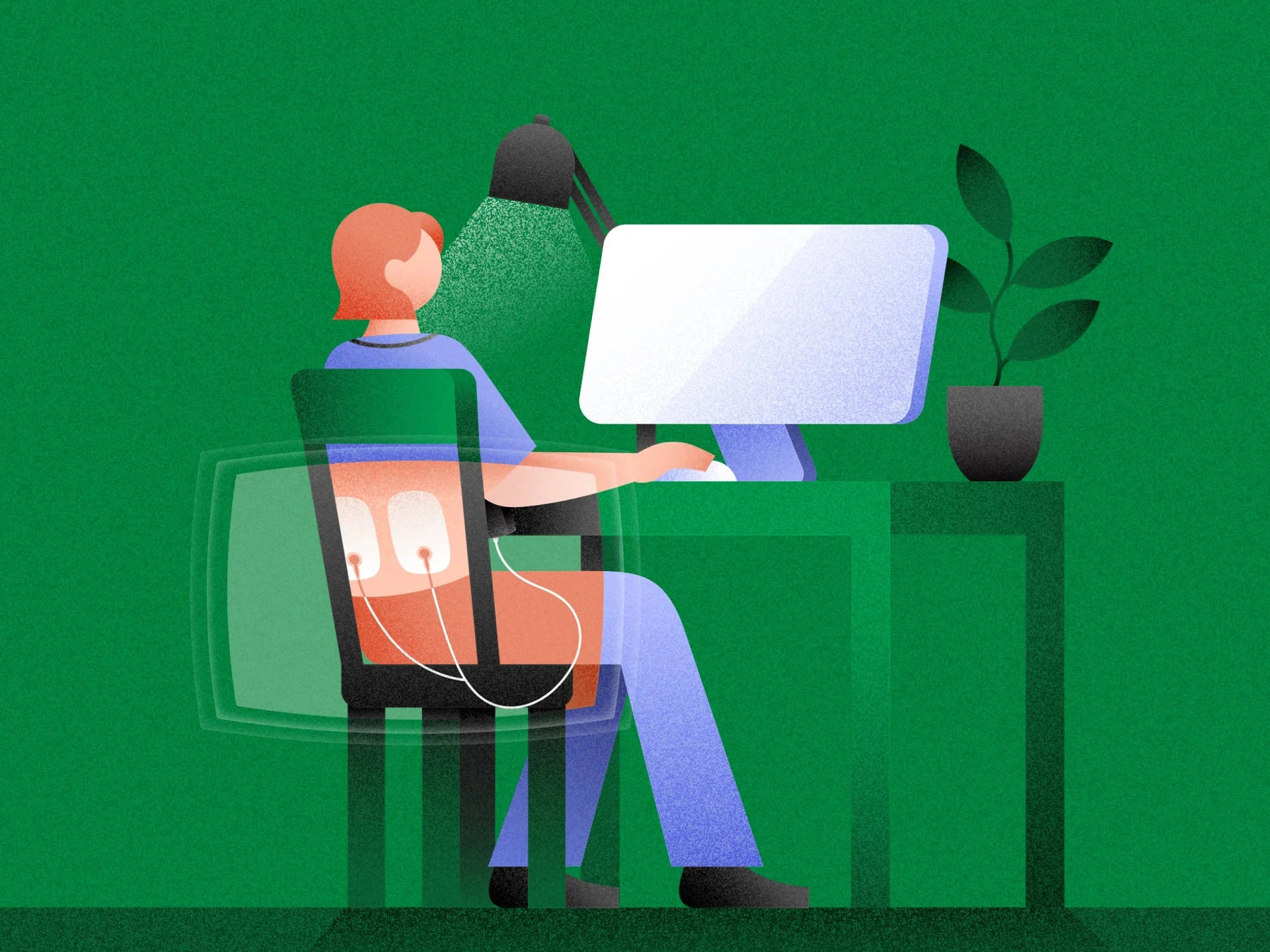 自宅のデスクでデバイスを使用する人物のイラスト