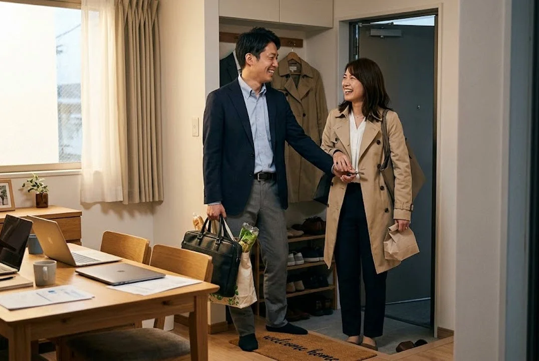 笑顔の夫婦が自宅の玄関に帰宅した様子