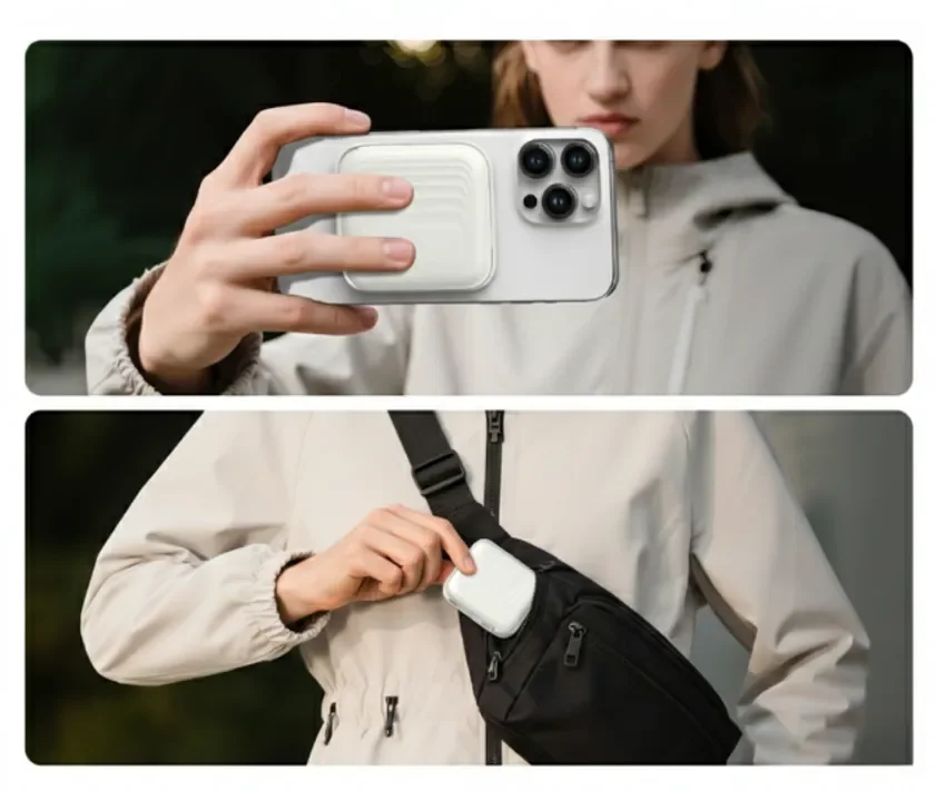 白いスマートフォンにマグネット式と思われる白いポータブル充電器を取り付けて使用している女性と、その充電器をウエストバッグに収納する様子
