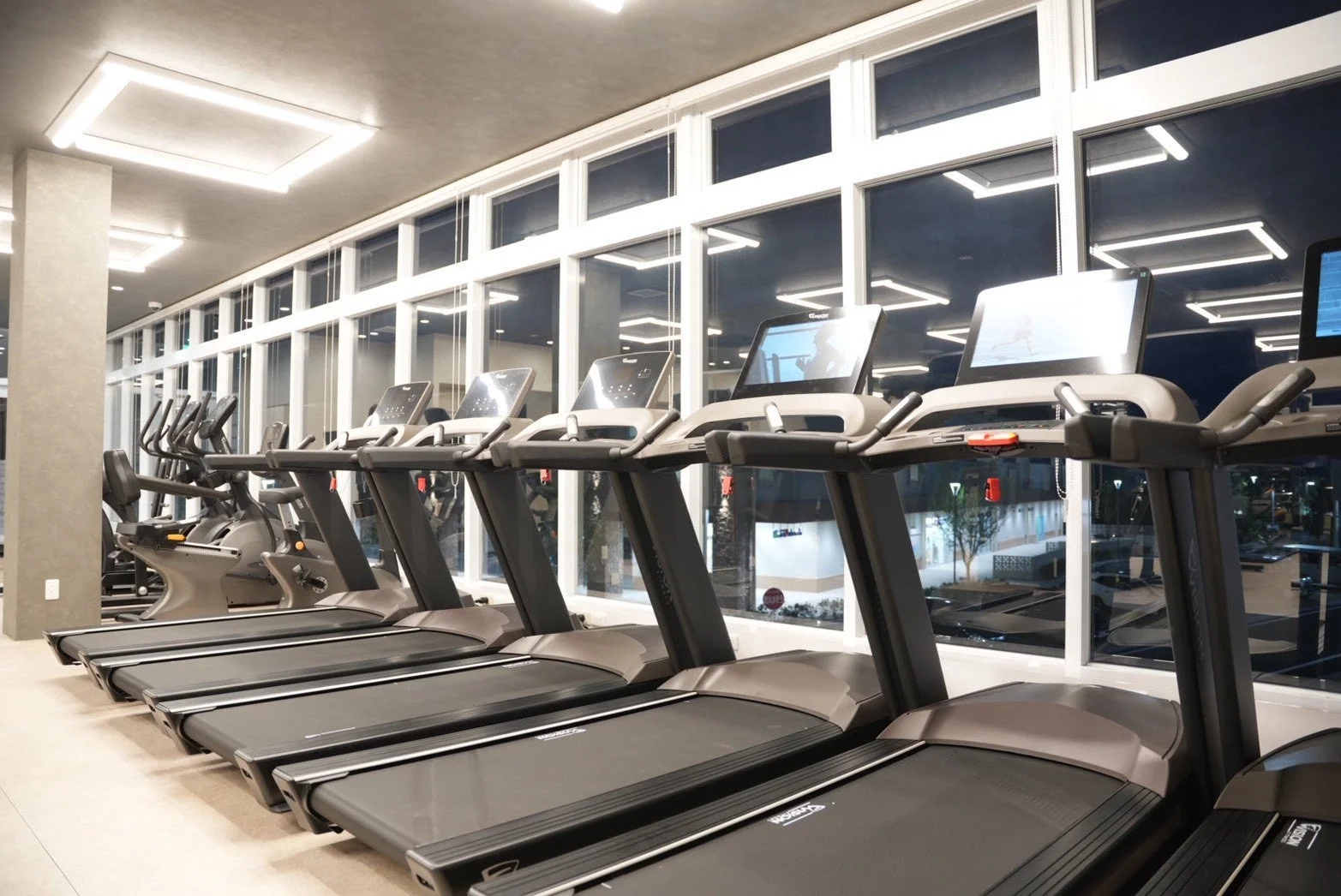 広々としたモダンなフィットネスジムの室内風景