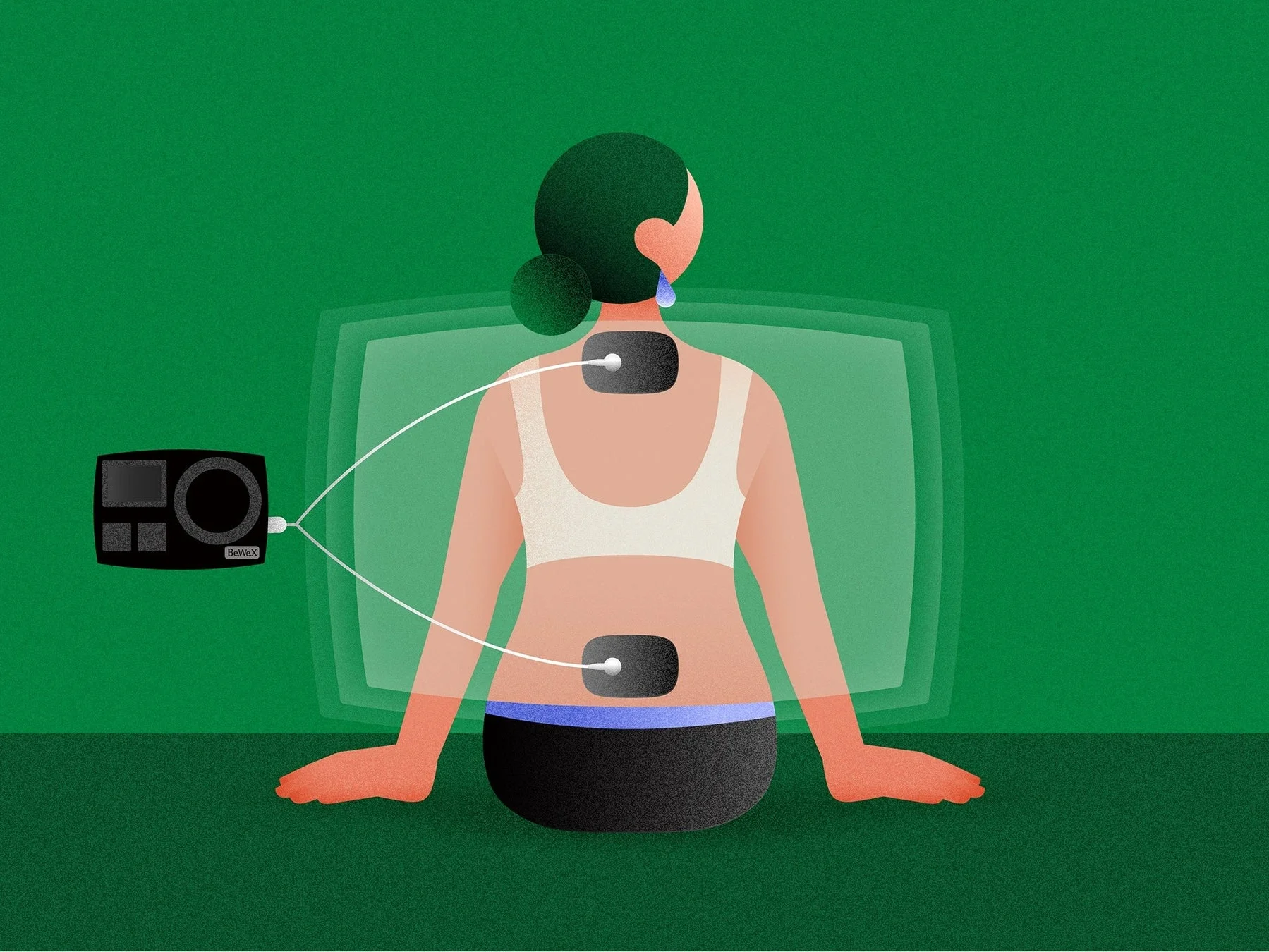首と腰に電極を装着した女性のイラスト