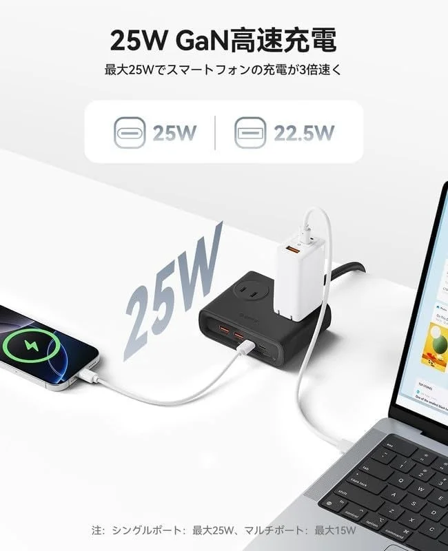 25W GaN高速充電に対応した電源タップがスマートフォンとノートパソコンを同時に充電している様子