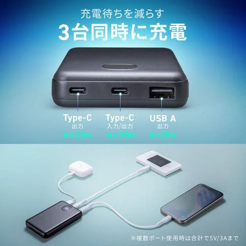 3つのポートを搭載し、3台のデバイスを同時に充電できるモバイルバッテリー