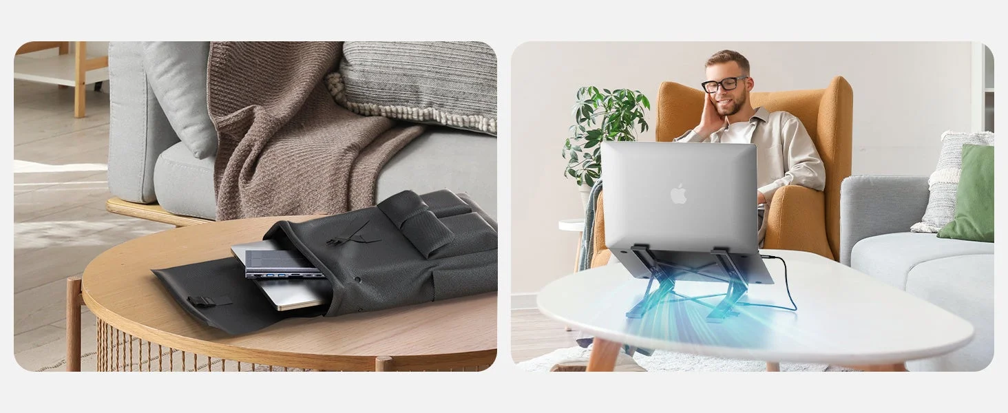 ラップトップスリーブに収納されたノートパソコンと、男性がラップトップスタンドでMacBookを使用している様子