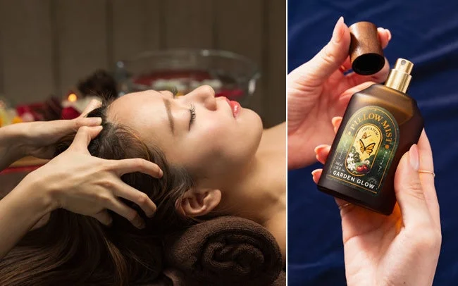 スパでヘッドマッサージを受ける女性とOPTATUMのピローミスト