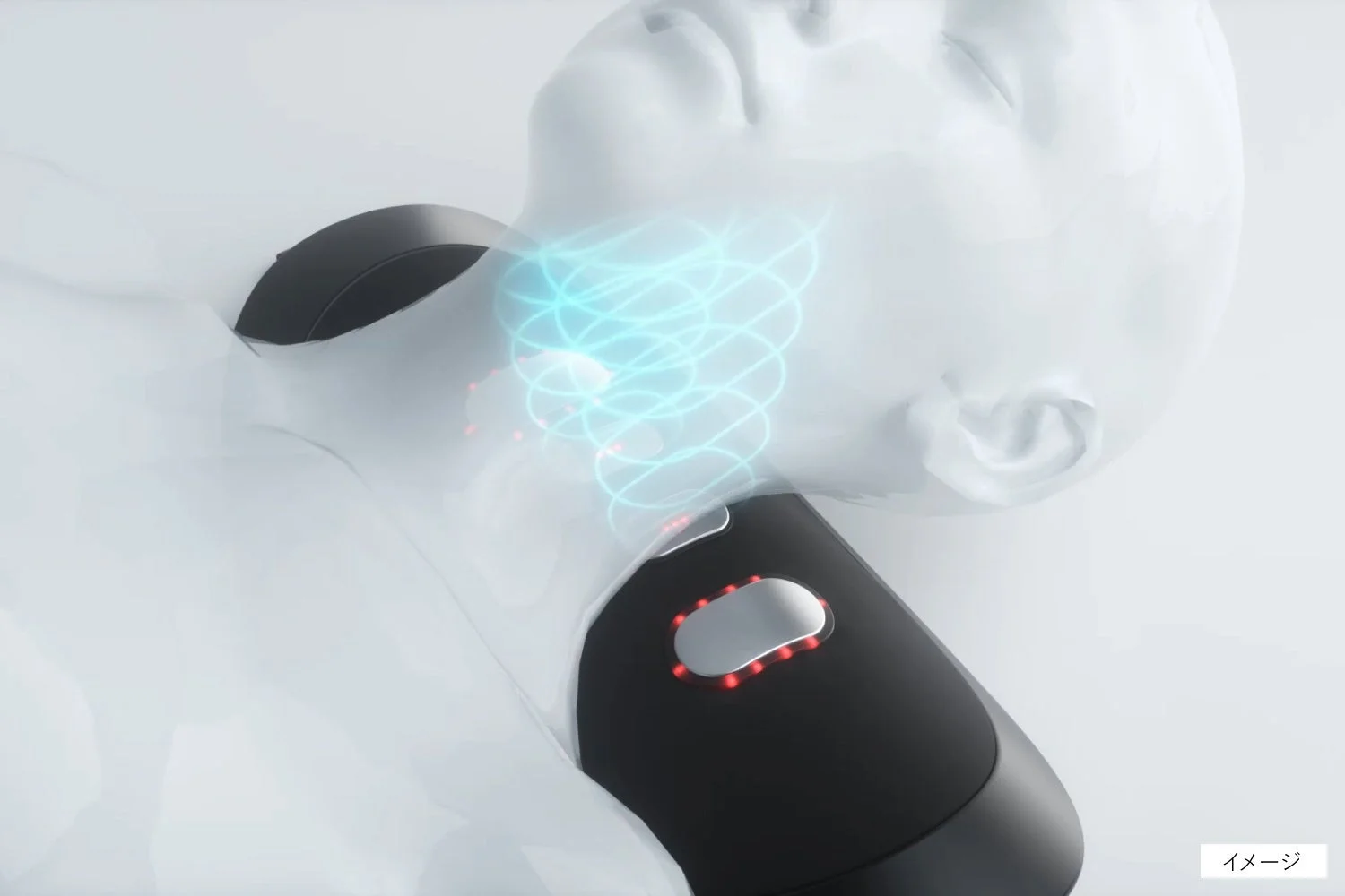 透明なマネキンの首元に黒い美容機器が装着され、青い光の渦と赤いLEDが発光している