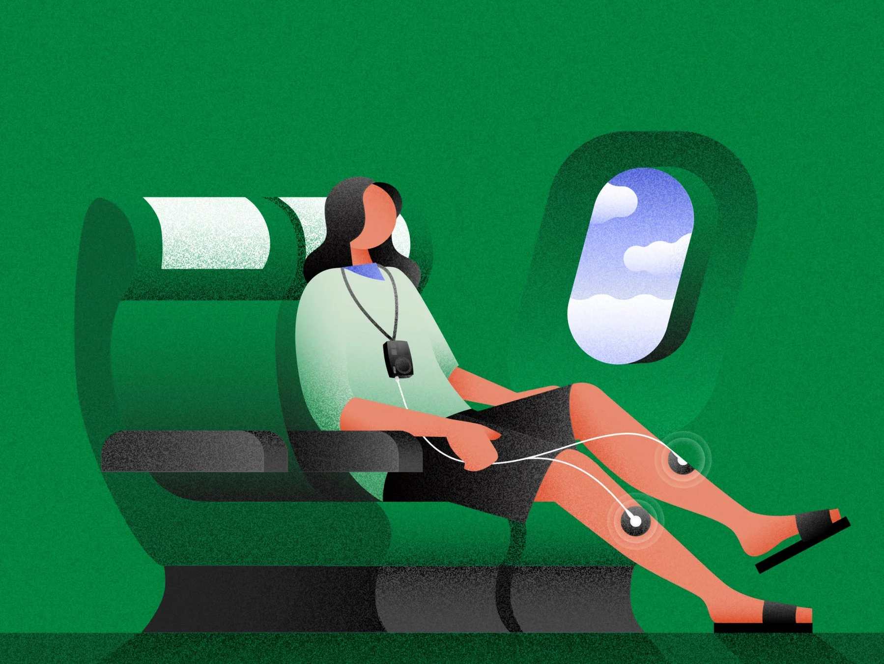 飛行機内でデバイスを使用する人物のイラスト