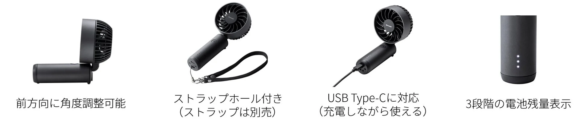 USB Type-C対応や角度調整機能を示すハンディファン