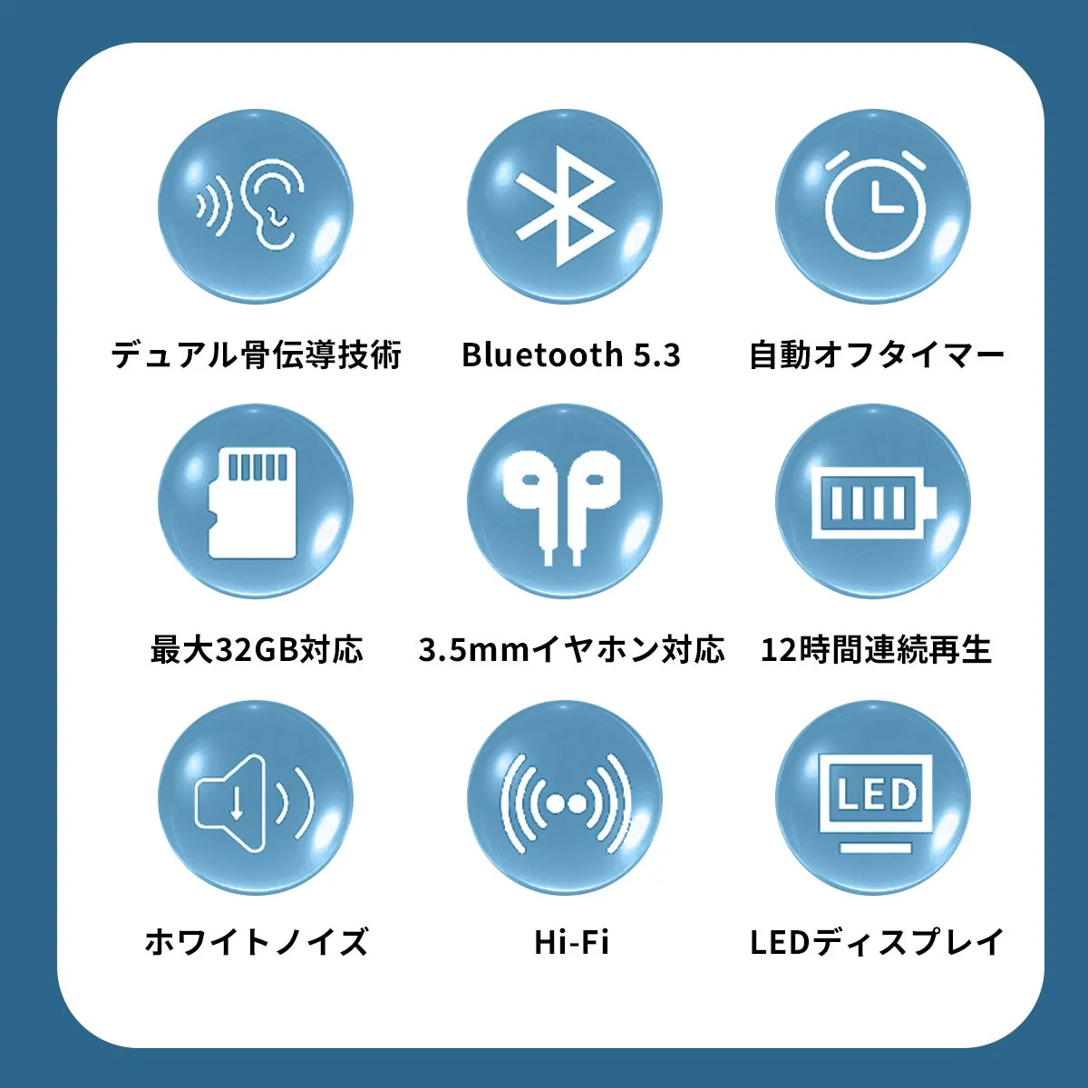 この画像は、デュアル骨伝導技術、Bluetooth 5.3、自動オフタイマー、最大32GB対応など、オーディオ機器の主要な機能や特徴を9つのアイコンと共に示しています。