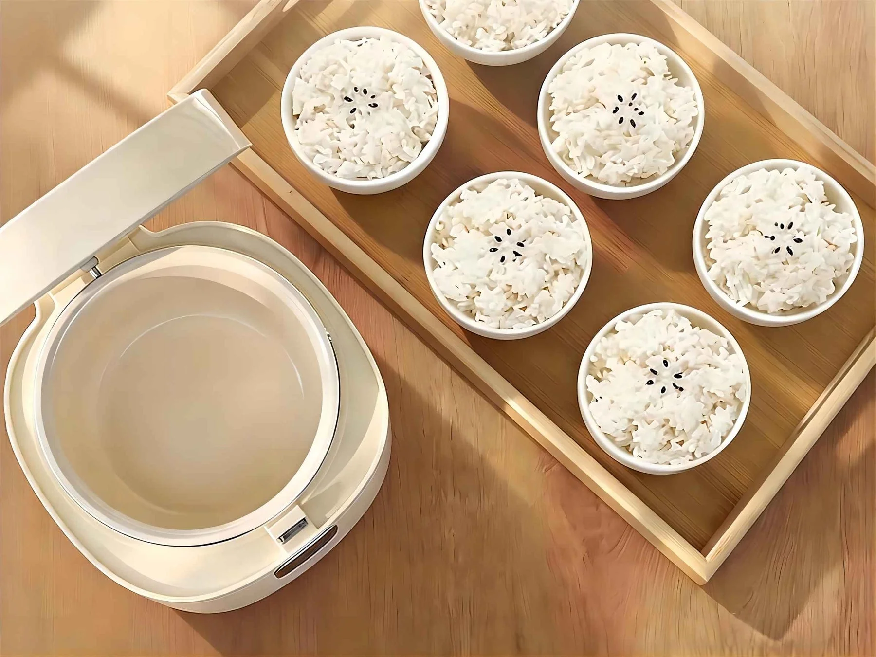 炊飯器と白米の小鉢